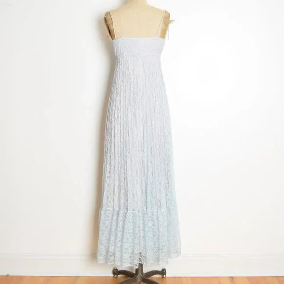 vintage 70s sun dress blue lace empire waist long maxi prom party hippie boho XS - Picture 7 of 9